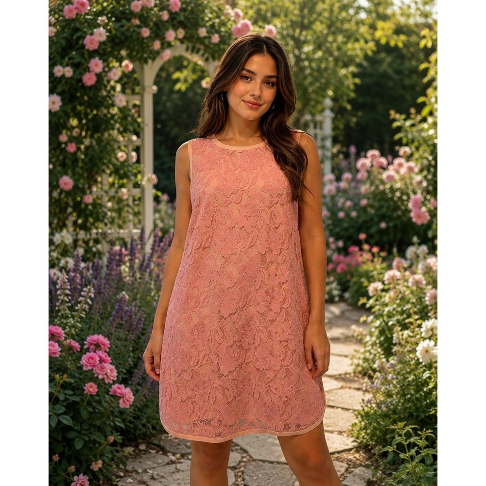 ABS Allen Schwartz Pink Lace Shift Dress Size L Sleeveless Wedding Guest